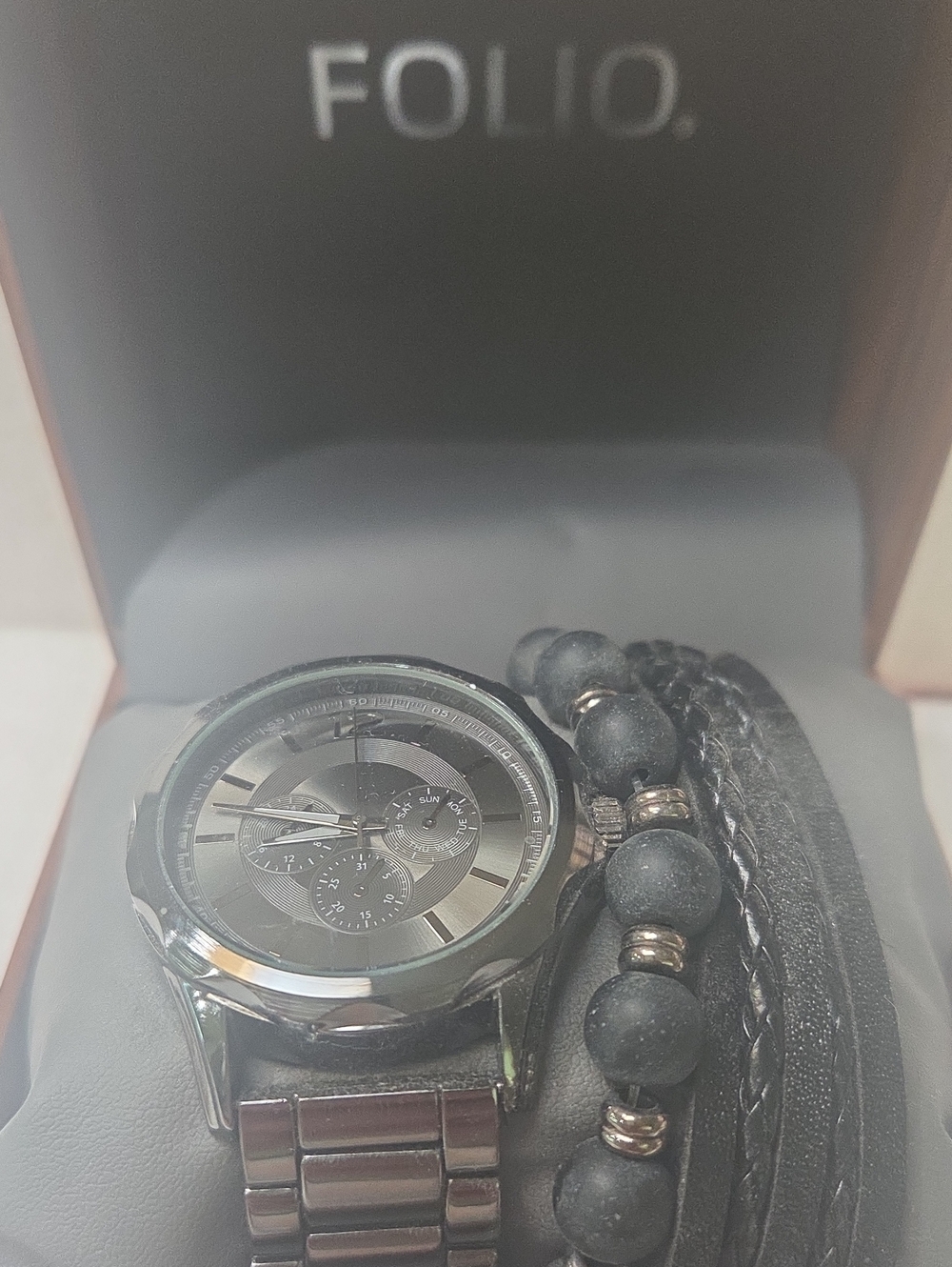 FOLIO Men's Black Metal Bracelet Watch with Black Bead & Leather Bracelet Set